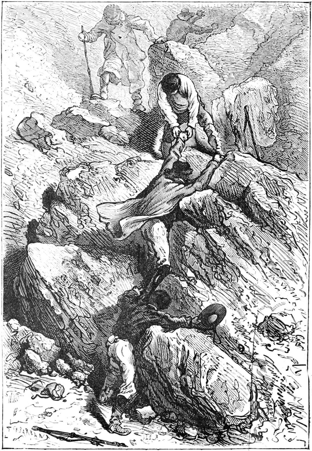 “The climbers, serving as a ladder for one another…” Engraving by Jules Férat, volume 1