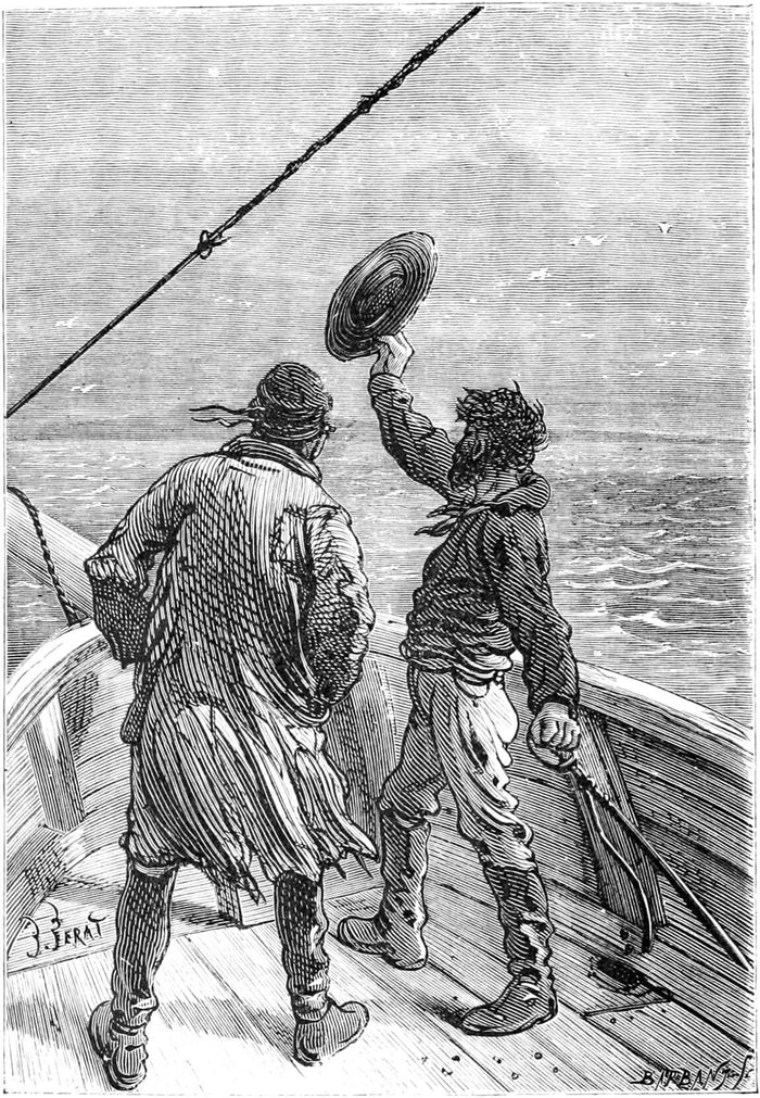 “Land!” cried Pencroft. Engraving by Jules Férat, volume 2