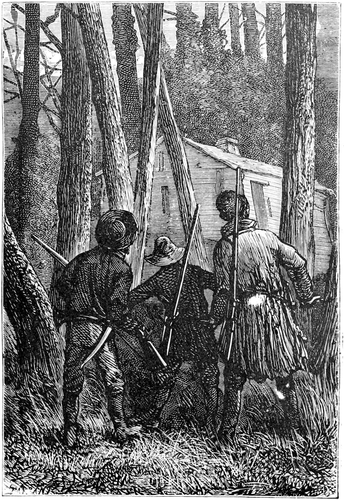 Herbert points to a dwelling among the trees. Engraving by Jules Férat, volume 2