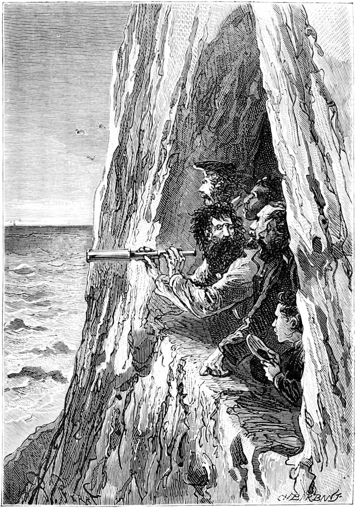 “The black flag!” cried Ayrton. Engraving by Jules Férat, volume 3