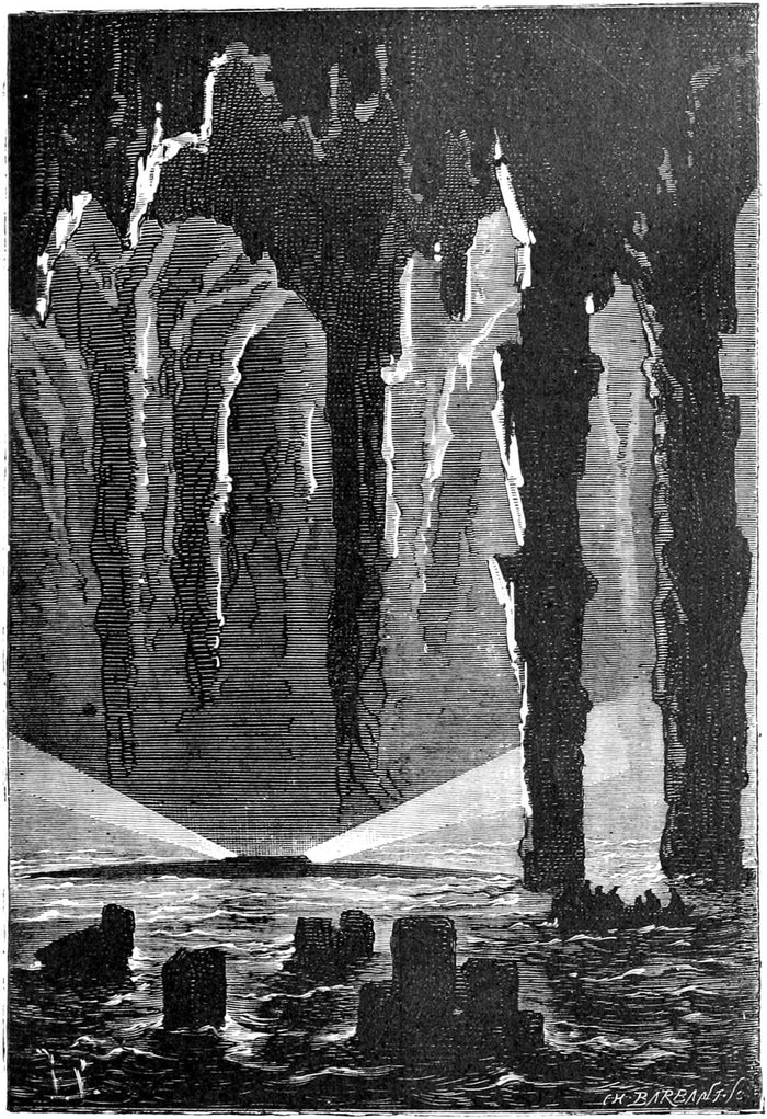A long spindle-shaped object floating on the water. Engraving by Jules Férat, volume 3
